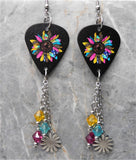 Jewel Toned Sunflower Guitar Pick Earrings with Flower Stainless Steel Charms and Swarovski Crystal Dangles