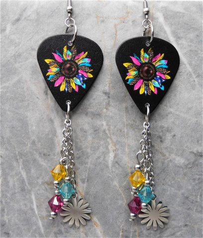 Jewel Toned Sunflower Guitar Pick Earrings with Flower Stainless Steel Charms and Swarovski Crystal Dangles