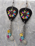 Jewel Toned Sunflower Guitar Pick Earrings with Flower Stainless Steel Charms and Swarovski Crystal Dangles