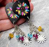 Jewel Toned Sunflower Guitar Pick Earrings with Flower Stainless Steel Charms and Swarovski Crystal Dangles