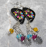 Jewel Toned Sunflower Guitar Pick Earrings with Flower Stainless Steel Charms and Swarovski Crystal Dangles