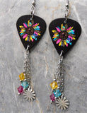 Jewel Toned Sunflower Guitar Pick Earrings with Flower Stainless Steel Charms and Swarovski Crystal Dangles