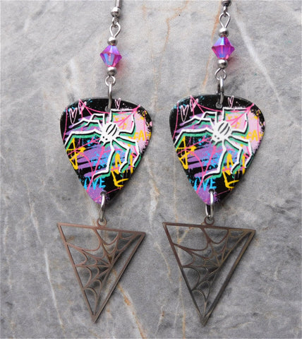 Graffiti Art Spider Guitar Pick Earrings with Fuchsia ABx2 Swarovski Crystals and Stainless Steel Spider Web Charm Dangles