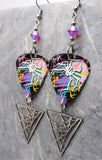 Graffiti Art Spider Guitar Pick Earrings with Fuchsia ABx2 Swarovski Crystals and Stainless Steel Spider Web Charm Dangles