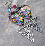 Graffiti Art Spider Guitar Pick Earrings with Fuchsia ABx2 Swarovski Crystals and Stainless Steel Spider Web Charm Dangles