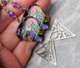Graffiti Art Spider Guitar Pick Earrings with Fuchsia ABx2 Swarovski Crystals and Stainless Steel Spider Web Charm Dangles