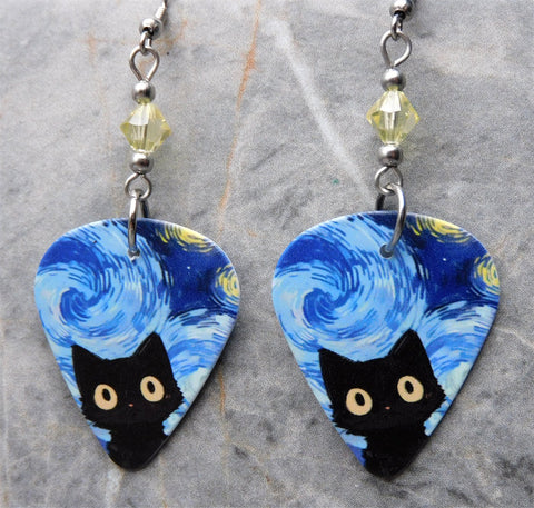 Wide Eyed Starry Night Black Cat Guitar Pick Earrings with Jonquil Swarovski Crystals