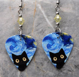 Wide Eyed Starry Night Black Cat Guitar Pick Earrings with Jonquil Swarovski Crystals