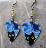 Wide Eyed Starry Night Black Cat Guitar Pick Earrings with Jonquil Swarovski Crystals