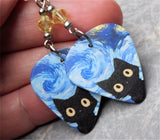Wide Eyed Starry Night Black Cat Guitar Pick Earrings with Jonquil Swarovski Crystals