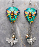 Bees and Flowers Guitar Pick Earrings with Stainless Steel Bee Charms and Swarovski Crystal Dangles