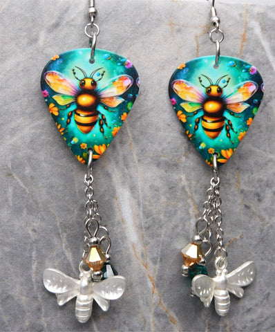 Bees and Flowers Guitar Pick Earrings with Stainless Steel Bee Charms and Swarovski Crystal Dangles