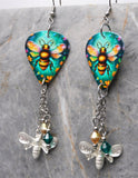 Bees and Flowers Guitar Pick Earrings with Stainless Steel Bee Charms and Swarovski Crystal Dangles