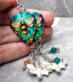 Bees and Flowers Guitar Pick Earrings with Stainless Steel Bee Charms and Swarovski Crystal Dangles