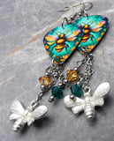 Bees and Flowers Guitar Pick Earrings with Stainless Steel Bee Charms and Swarovski Crystal Dangles