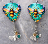 Bees and Flowers Guitar Pick Earrings with Stainless Steel Bee Charms and Swarovski Crystal Dangles