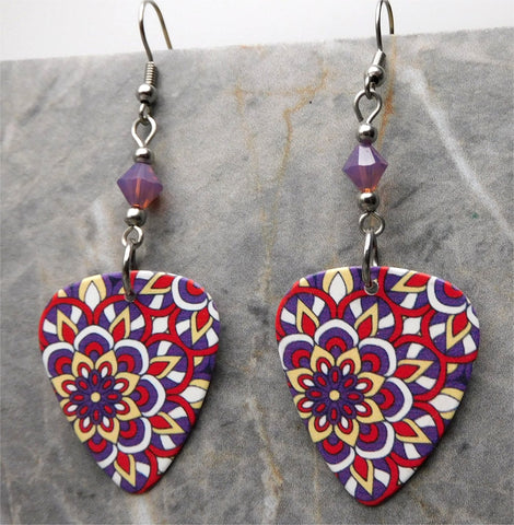 Blooming Bursts of Flowers Guitar Pick Earrings with Purple Opal Swarovski Crystals