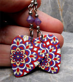 Blooming Bursts of Flowers Guitar Pick Earrings with Purple Opal Swarovski Crystals