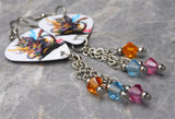 Black Cat Playing Electric Guitar Color Splat Guitar Pick Earrings with Swarovski Crystal Dangles