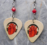 Anatomical Heart with Headphones Guitar Pick Earrings with Red Swarovski Crystals