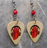 Anatomical Heart with Headphones Guitar Pick Earrings with Red Swarovski Crystals