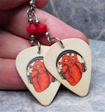 Anatomical Heart with Headphones Guitar Pick Earrings with Red Swarovski Crystals