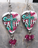 Southwestern Boutique Style Cross Guitar Pick Earrings with Fuchsia Swarovski Crystal Dangles