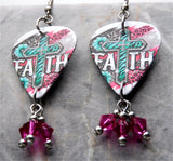 Southwestern Boutique Style Cross Guitar Pick Earrings with Fuchsia Swarovski Crystal Dangles