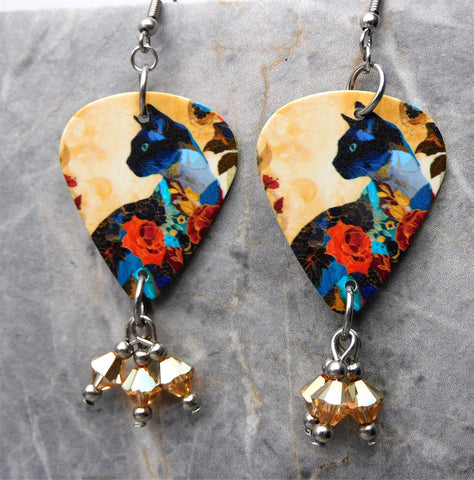 Elegant Asian Style Cat Guitar Pick Earrings with Golden Swarovski Crystal Dangles