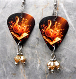 Clef Notes and Hearts Guitar Pick Earrings with Golden Swarovski Crystal Dangles