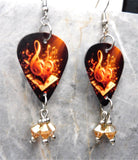 Clef Notes and Hearts Guitar Pick Earrings with Golden Swarovski Crystal Dangles