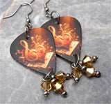 Clef Notes and Hearts Guitar Pick Earrings with Golden Swarovski Crystal Dangles