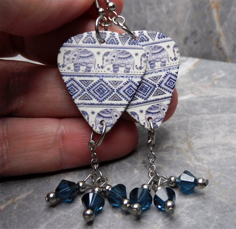 Blue Bohemian Style Elephant Guitar Pick Earrings with Blue Swarovski Crystal Dangles