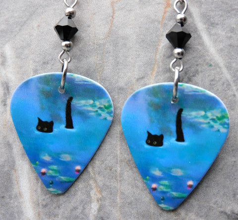 Black Cat Taking a Dip Guitar Pick Earrings with Black Swarovski Crystals