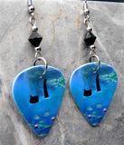 Black Cat Taking a Dip Guitar Pick Earrings with Black Swarovski Crystals