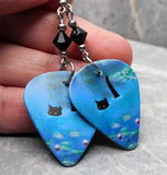 Black Cat Taking a Dip Guitar Pick Earrings with Black Swarovski Crystals
