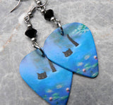 Black Cat Taking a Dip Guitar Pick Earrings with Black Swarovski Crystals