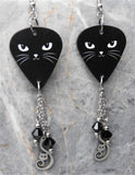 Black Cat Face Guitar Pick Earrings with Stainless Steel Cat Charm And Black Swarovski Crystal Dangles