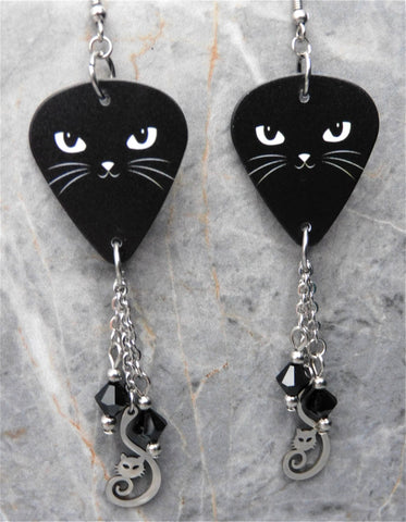 Black Cat Face Guitar Pick Earrings with Stainless Steel Cat Charm And Black Swarovski Crystal Dangles