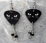 Black Cat Face Guitar Pick Earrings with Stainless Steel Cat Charm And Black Swarovski Crystal Dangles