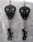 Black Cat Face Guitar Pick Earrings with Stainless Steel Cat Charm And Black Swarovski Crystal Dangles