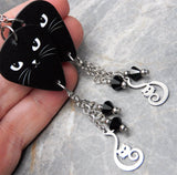 Black Cat Face Guitar Pick Earrings with Stainless Steel Cat Charm And Black Swarovski Crystal Dangles