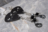 Black Cat Face Guitar Pick Earrings with Stainless Steel Cat Charm And Black Swarovski Crystal Dangles