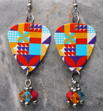 Colorful Quilting Squares Guitar Pick Earrings with Swarovski Crystal Dangles