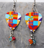 Colorful Quilting Squares Guitar Pick Earrings with Swarovski Crystal Dangles