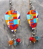 Colorful Quilting Squares Guitar Pick Earrings with Swarovski Crystal Dangles