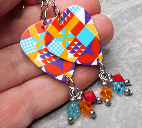 Colorful Quilting Squares Guitar Pick Earrings with Swarovski Crystal Dangles