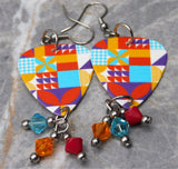 Colorful Quilting Squares Guitar Pick Earrings with Swarovski Crystal Dangles