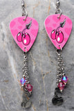 Cherries and Hearts Guitar Pick Earrings with Stainless Steel Cherry Charms and Pink AB Swarovski Crystal Dangles