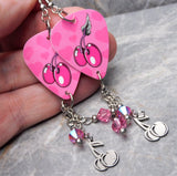 Cherries and Hearts Guitar Pick Earrings with Stainless Steel Cherry Charms and Pink AB Swarovski Crystal Dangles